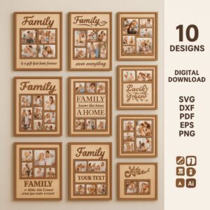 Family Photo Frame SVG Bundle | 10 Laser Cut Picture Frame Templates | Layered Wall Art | Home Decor | Digital Download (SVG, DXF, PDF, PNG, EPS)