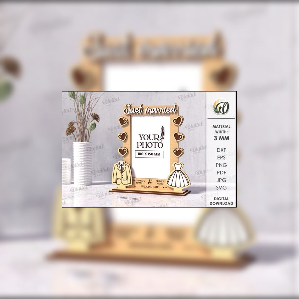 Just Married Wedding Frame SVG | Personalized Laser Cut Photo Frame | Bride & Groom Names Template | Wedding Keepsake SVG DXF PDF EPS