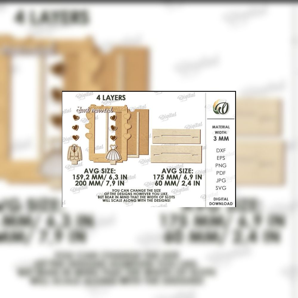 Just Married Wedding Frame SVG | Personalized Laser Cut Photo Frame | Bride & Groom Names Template | Wedding Keepsake SVG DXF PDF EPS - Image 2