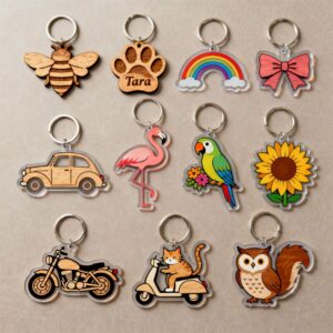 Adorable Laser Cut Keychain SVG Bundle โ Cute Animal, Floral, and Vehicle Designs for Wood & Acrylic