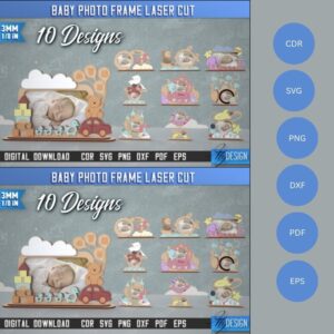 👶 Baby Photo Frame Laser Cut Bundle | 10 Cute Nursery Frames | SVG, DXF, PDF, EPS, CDR, PNG Files