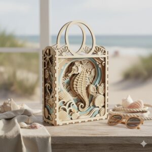 🌴 Laser-Cut Wooden Beach Bag SVG | Ocean-Themed Handbag Template | DIY 3D Craft File for Plywood, MDF & Acrylic 🐚