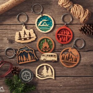 Camping Keychain SVG Bundle – Laser Cut Outdoor Adventure Designs for Wood & Acrylic, Backpack, Tent, Campfire