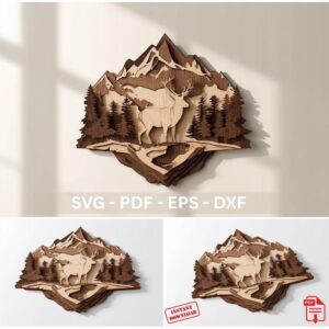 Deer Mountain Layered Wall Art SVG | Laser Cut 3D Nature Scene for Glowforge, Cricut & xTool