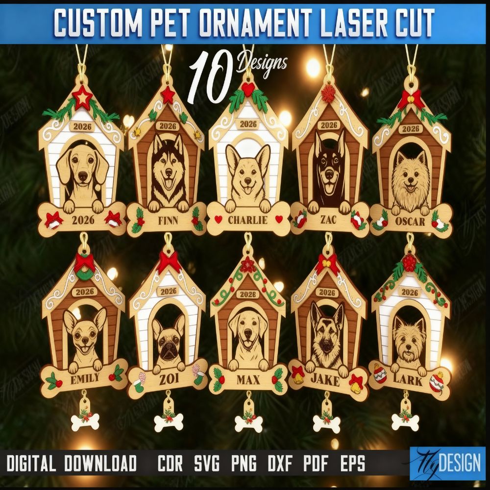 Custom Pet Ornament Laser Cut Bundle | Personalized Christmas Pet House SVG Set