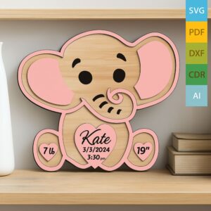 🐘 Elephant Baby Announcement Board – Laser Cut SVG Template
