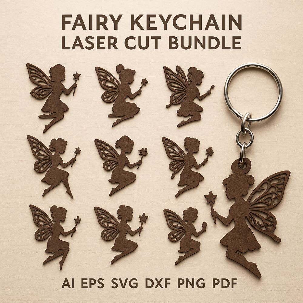 π§ Fairy Keychain Laser Cut Bundle | 9 Whimsical Silhouette Designs | AI, SVG, DXF, EPS, PNG, PDF - Image 5