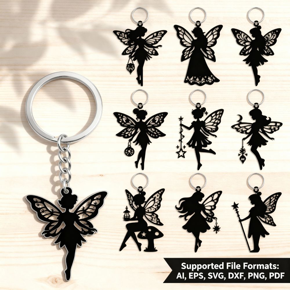 π§ Fairy Keychain Laser Cut Bundle | 9 Whimsical Silhouette Designs | AI, SVG, DXF, EPS, PNG, PDF - Image 4