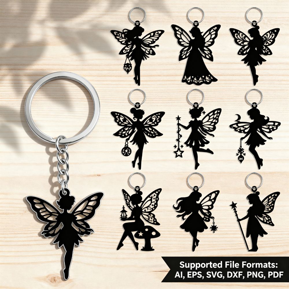 π§ Fairy Keychain Laser Cut Bundle | 9 Whimsical Silhouette Designs | AI, SVG, DXF, EPS, PNG, PDF - Image 3