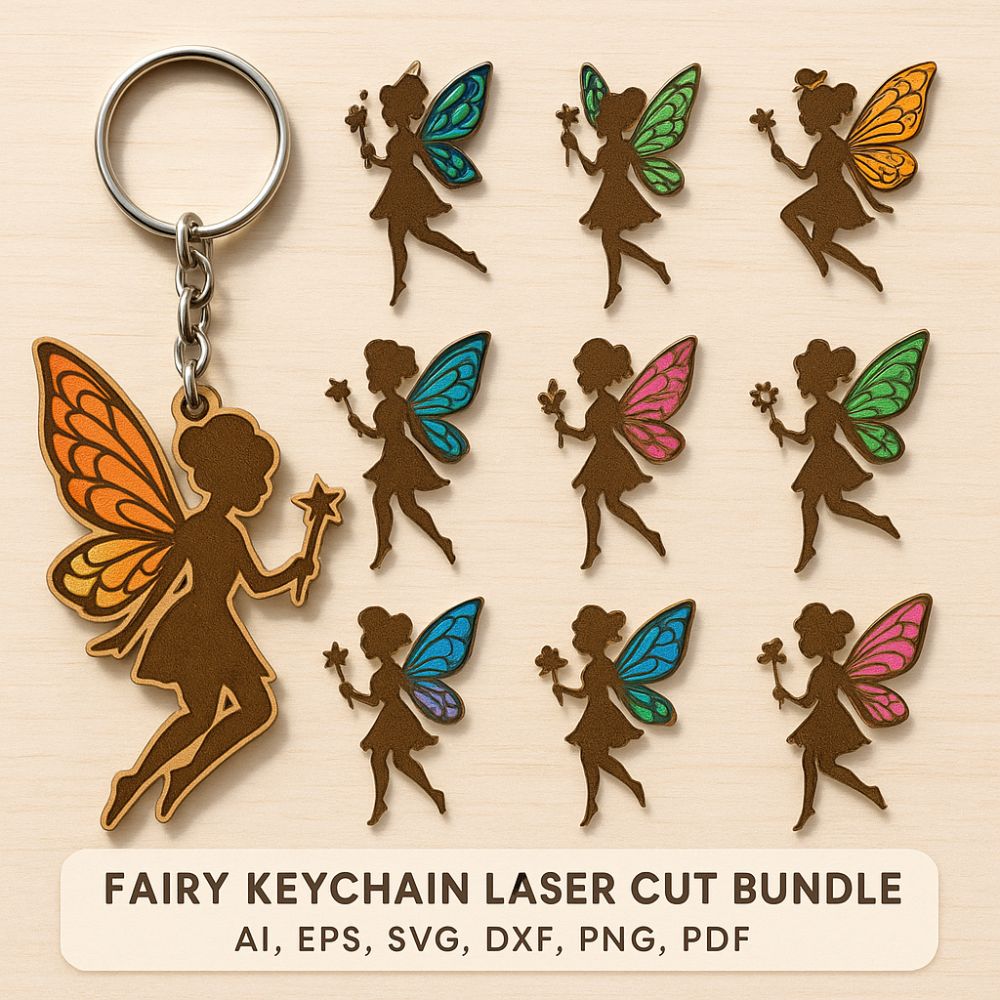 π§ Fairy Keychain Laser Cut Bundle | 9 Whimsical Silhouette Designs | AI, SVG, DXF, EPS, PNG, PDF - Image 2