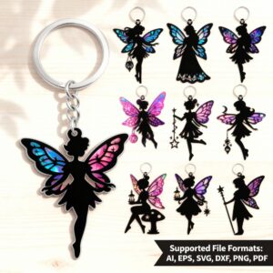🧚 Fairy Keychain Laser Cut Bundle | 9 Whimsical Silhouette Designs | AI, SVG, DXF, EPS, PNG, PDF
