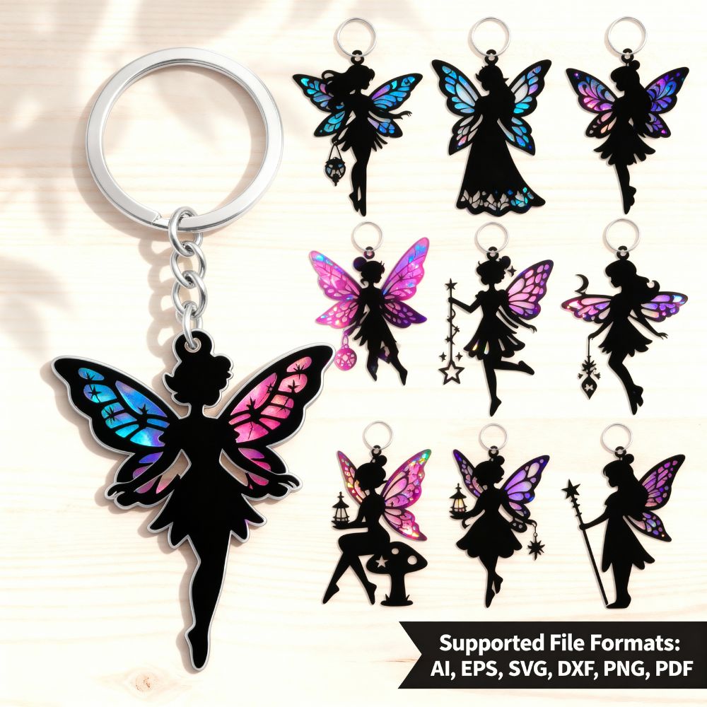 π§ Fairy Keychain Laser Cut Bundle | 9 Whimsical Silhouette Designs | AI, SVG, DXF, EPS, PNG, PDF