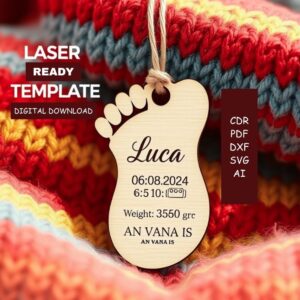 Personalized Baby Footprint Birth Ornament Laser Cut File