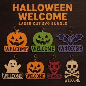 Halloween Welcome Sign SVG Bundle - Laser Cut Door Hanger Files | Spooky Pumpkin, Ghost & Bat Designs for Cricut & Glowforge