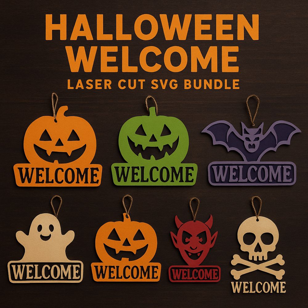 Halloween Welcome Sign SVG Bundle - Laser Cut Door Hanger Files | Spooky Pumpkin, Ghost & Bat Designs for Cricut & Glowforge