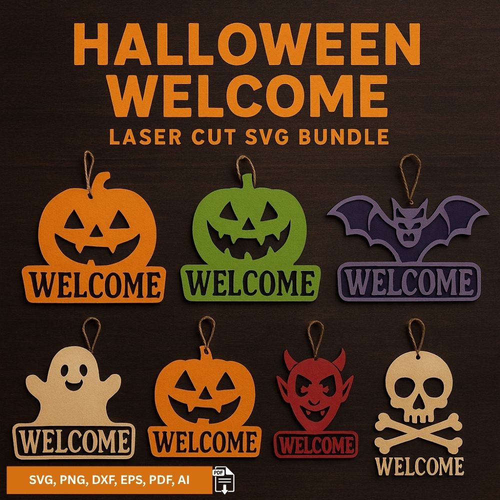Halloween Welcome Sign SVG Bundle - Laser Cut Door Hanger Files | Spooky Pumpkin, Ghost & Bat Designs for Cricut & Glowforge - Image 2