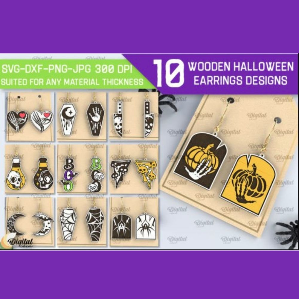 10 Wooden Halloween Earrings Designs | Laser Cut SVG Bundle | Spooky Jewelry Template