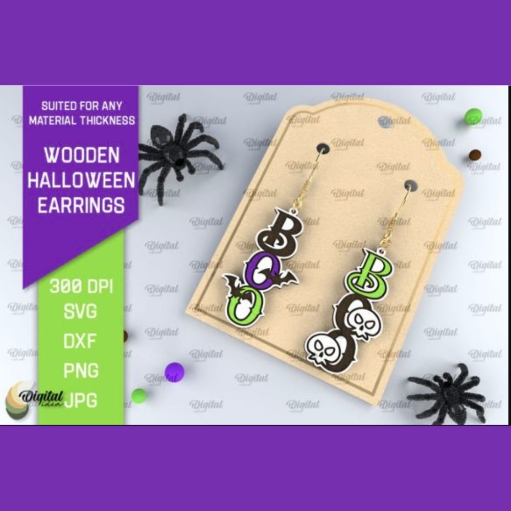 10 Wooden Halloween Earrings Designs | Laser Cut SVG Bundle | Spooky Jewelry Template - Image 5