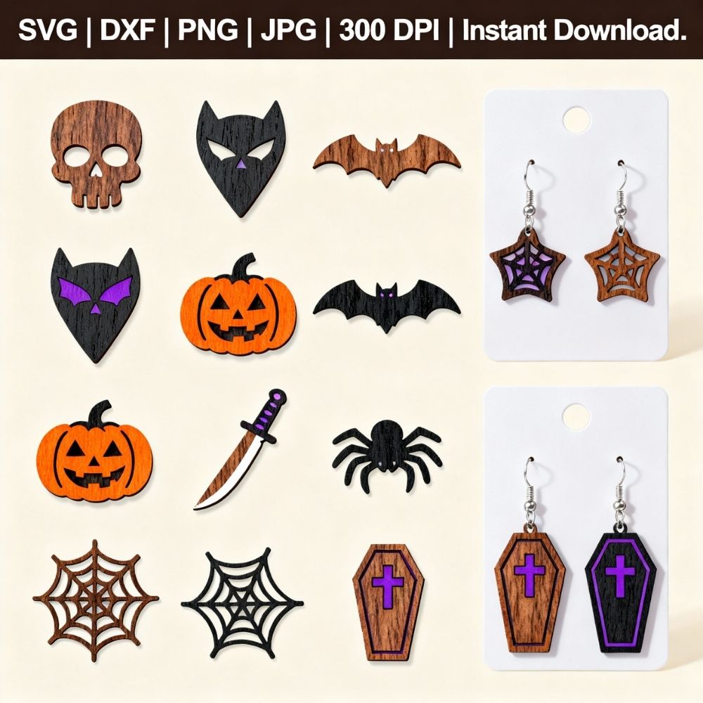 10 Wooden Halloween Earrings Designs | Laser Cut SVG Bundle | Spooky Jewelry Template - Image 7