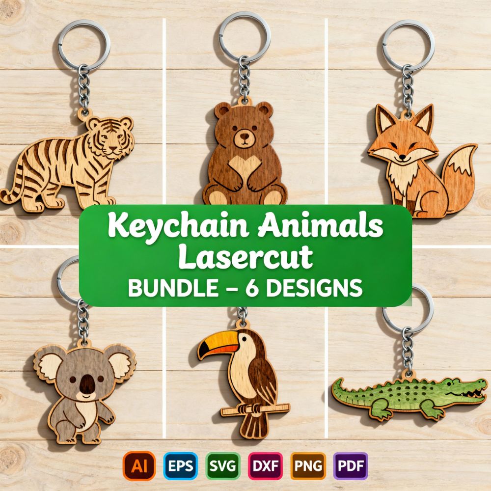 Animal Keychain Laser Cut Bundle β 6 Cute Wildlife Designs | SVG, DXF, AI, PDF for Cricut, Glowforge & CNC
