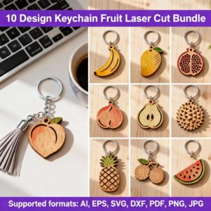 10 Fruit Keychain Laser Cut Bundle | SVG DXF PDF PNG Files | Wooden Laser-Cut Fruit Designs for Cricut & Glowforge