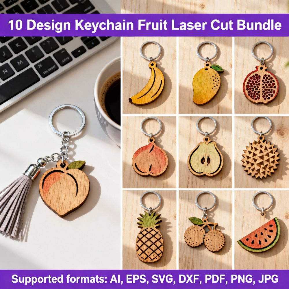 10 Fruit Keychain Laser Cut Bundle | SVG DXF PDF PNG Files | Wooden Laser-Cut Fruit Designs for Cricut & Glowforge