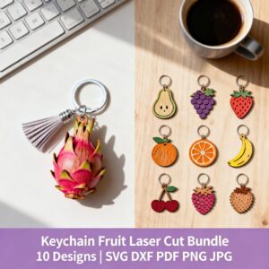 10 Fruit Keychain Laser Cut Bundle | SVG DXF PDF PNG Files | Wooden Engraved Fruit Designs for Cricut & Glowforge