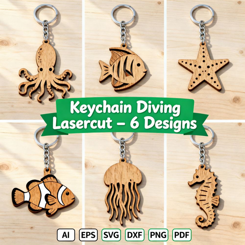 Keychain Diving Laser Cut Bundle β 6 Ocean Animal Designs | SVG DXF AI PNG PDF Files for Glowforge, Cricut & CNC