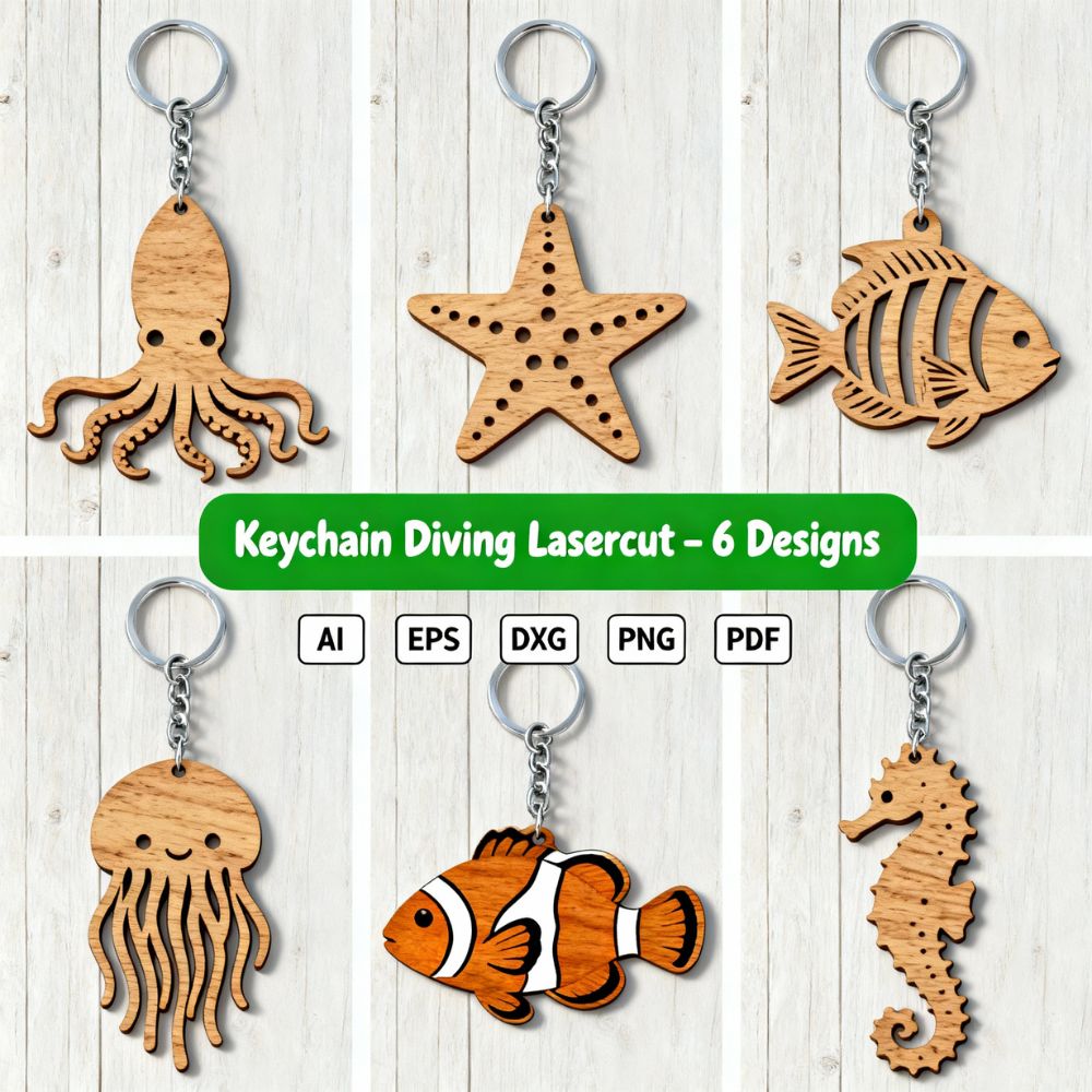 Keychain Diving Laser Cut Bundle β 6 Ocean Animal Designs | SVG DXF AI PNG PDF Files for Glowforge, Cricut & CNC - Image 2