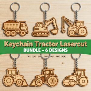 Tractor & Construction Keychain Laser Cut Bundle | 6 SVG Designs β Excavator, Bulldozer, Crane, Truck, Roller & Tractor | Glowforge, Cricut, CNC Files