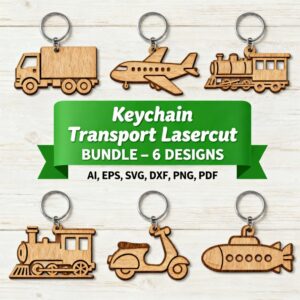Transport Keychain Laser Cut Bundle | 6 SVG Designs for Truck, Car, Train, Plane, Scooter & Submarine | Glowforge, Cricut & CNC Files