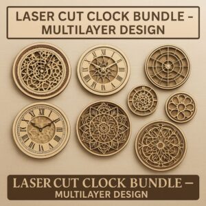 Steampunk Clock Face Laser Cut Bundle – 7 Layered Gear Clock Templates (SVG, DXF, PDF, EPS, PNG)
