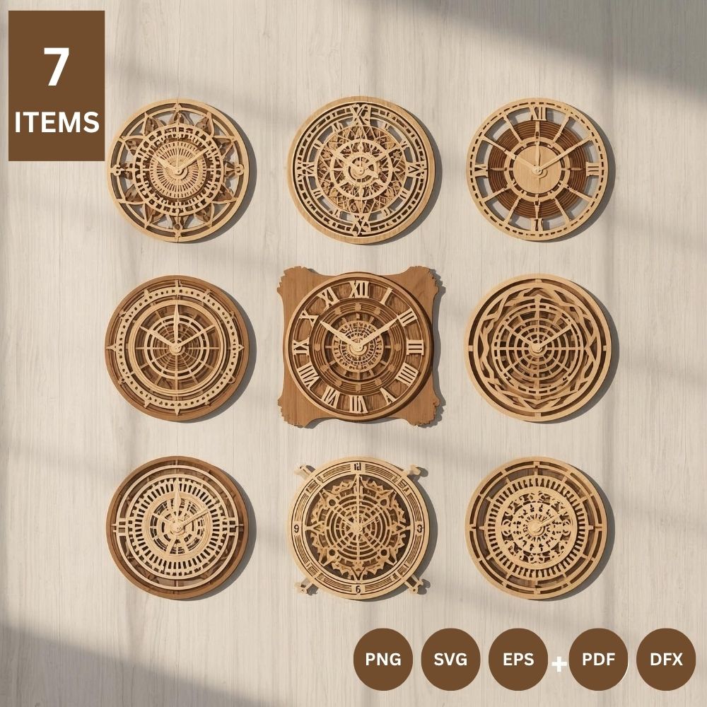 Steampunk Clock Face Laser Cut Bundle – 7 Layered Gear Clock Templates (SVG, DXF, PDF, EPS, PNG) - Image 3