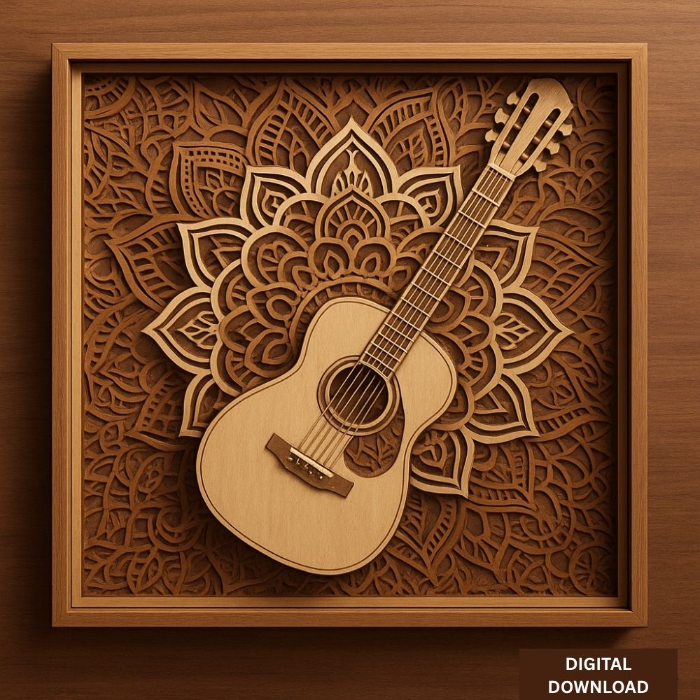 Multilayer Guitar Wall Art SVG | Mandala Music 3D Layered Design | Laser Cut Guitar Template Bundle | DXF, CDR, AI, EPS, DWG Files for CNC & Glowforge