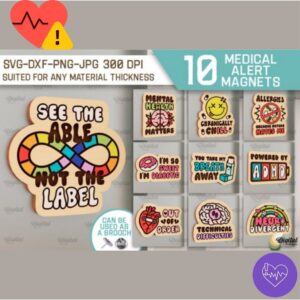 10 Medical Alert Magnets SVG Bundle | Neurodiversity Awareness | Laser Cut Files | CNC | Glowforge | Cricut