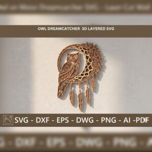 Layered Owl on Moon Dreamcatcher SVG | 3D Laser Cut Wall Art | Multi-Layer Boho Home Décor | CNC File Bundle