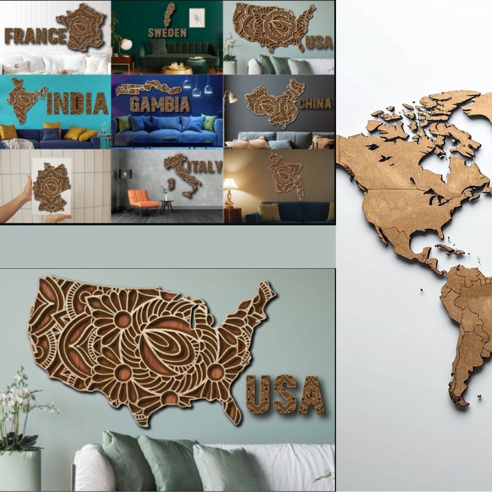 World Country Map Wall Art SVG Bundle | Laser Cut Geographic Decor Set