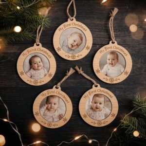 Personalized Baby’s First Christmas Ornament SVG | Laser Cut Photo Frame | Wooden Christmas Decoration Template
