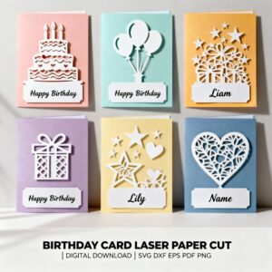 Birthday Card Laser Cut Bundle | 6 Paper Cut Designs SVG | Personalized Happy Birthday Card Templates | Laser Cutting Files