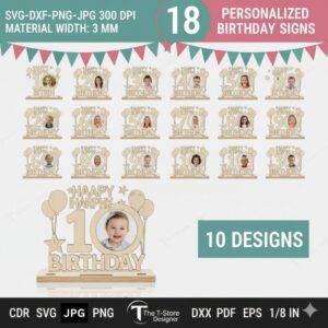 Personalized Birthday Sign SVG Bundle | 18 Laser Cut Designs | My 1st–18th Birthday Photo Frame | CNC, Glowforge, Cricut, Laser Engraving Files