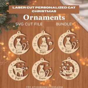 Personalized Cat Christmas Ornaments | Laser Cut SVG Bundle | Custom Pet Name Decoration | Cat Lover Gift | CNC & Glowforge Files