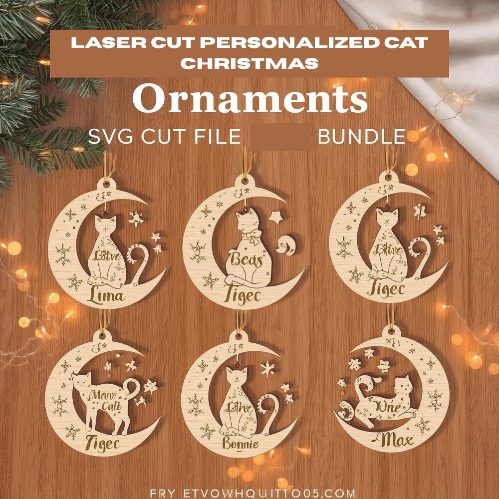 Personalized Cat Christmas Ornaments | Laser Cut SVG Bundle | Custom Pet Name Decoration | Cat Lover Gift | CNC & Glowforge Files