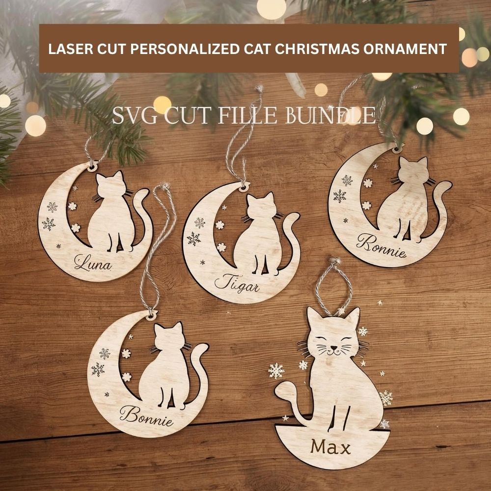 Personalized Cat Christmas Ornaments | Laser Cut SVG Bundle | Custom Pet Name Decoration | Cat Lover Gift | CNC & Glowforge Files - Image 2