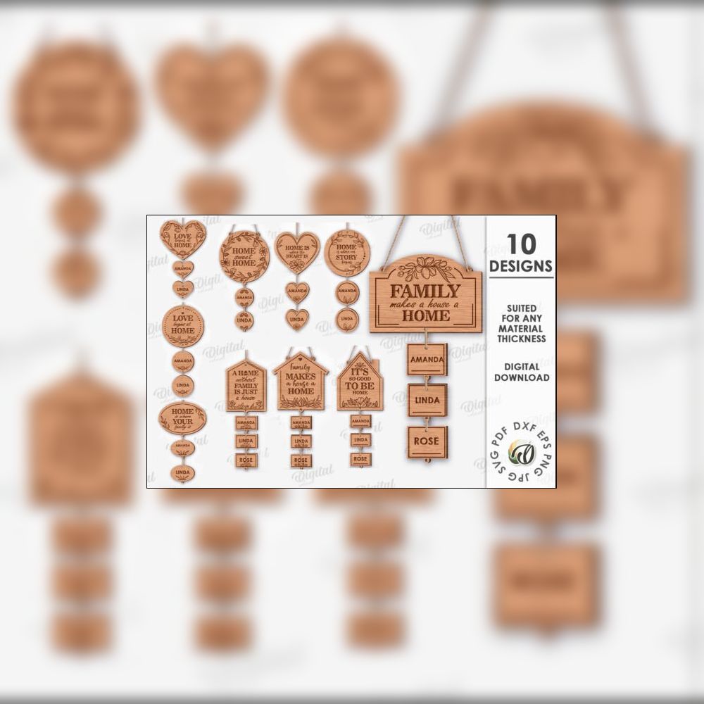 Family Sign Laser Cut Bundle | 10 Home Quote SVG Designs | Personalized Name Tags | Layered Wood Sign Templates | Digital Download