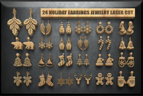 Festive Holiday Earring Laser Cut Bundle | 24 Christmas Jewelry SVG Files | Snowflake, Reindeer, Tree, Santa, Gift & Bell Designs | Glowforge & Cricut Ready