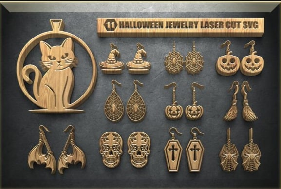 Stylish 11 Halloween Jewelry Laser Cut SVG Bundle | Spooky Earrings & Pendants | Gothic Halloween Jewelry Files for Cricut & Glowforge