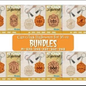 Halloween Can Glass Keychain Bundle | 16oz Laser Cut Designs | Witch, Haunted House, Potion & Spooky Charm SVG Set