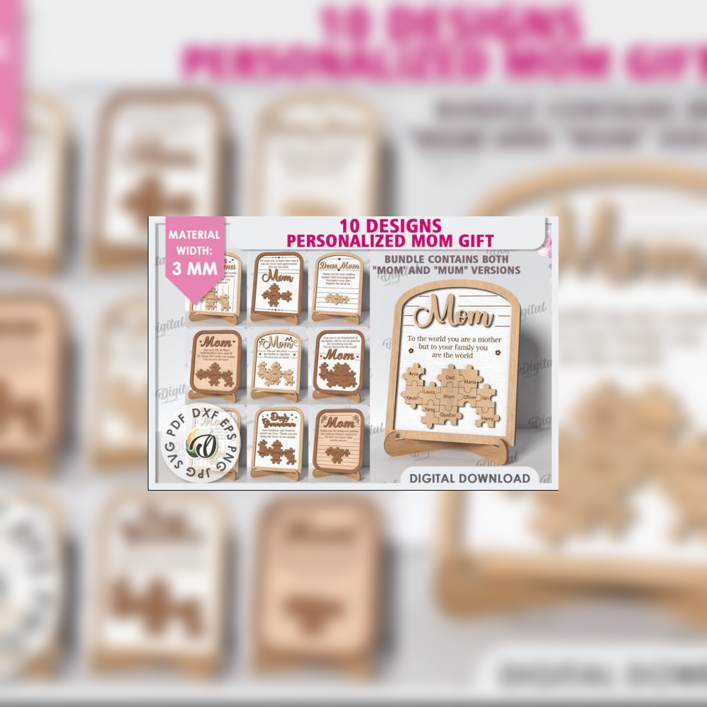 Personalized Mom Gift Puzzle Sign Bundle | 10 Laser Cut Designs | Mom & Mum SVG Set | Mother’s Day Wooden Plaque Template