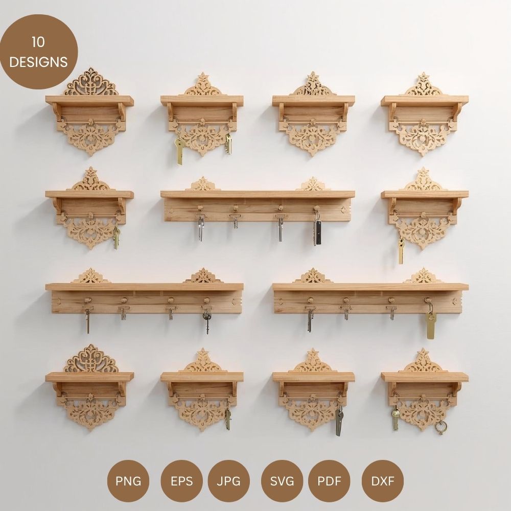 Laser-Cut Shelves with Key Holders Bundle | CNC Ready - Image 2