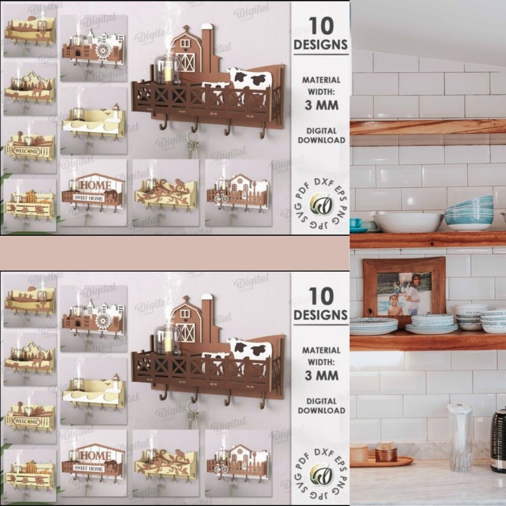 Laser-Cut Shelves with Key Holders Bundle | CNC Ready